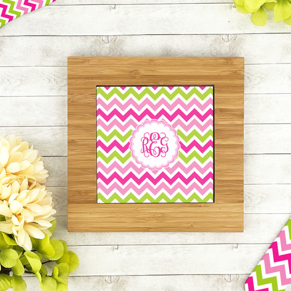 Pink & Green Chevron Bamboo Trivet with 6" Tile - LIFESTYLE