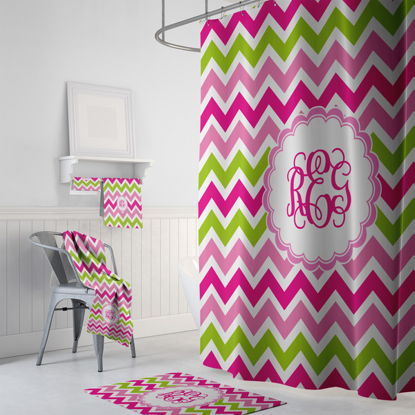 Pink & Green Chevron Bath Towel Sets - 3-piece - In Context