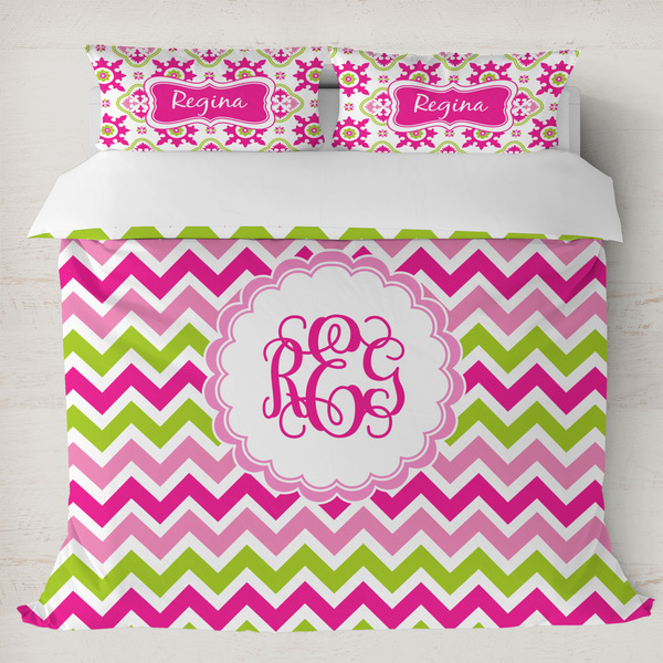 Custom Pink & Green Chevron Duvet Cover Set - King (Personalized)