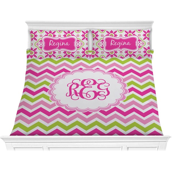 Custom Pink & Green Chevron Comforter Set - King (Personalized)