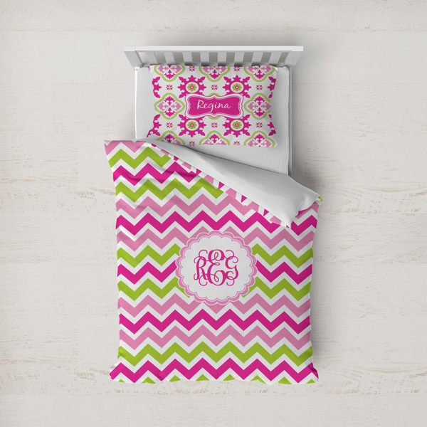 Custom Pink & Green Chevron Duvet Cover Set - Twin (Personalized)