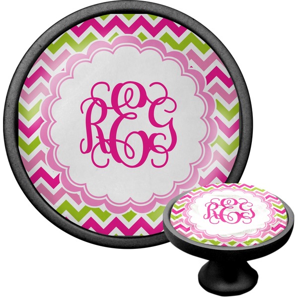 Custom Pink & Green Chevron Cabinet Knob (Black) (Personalized)