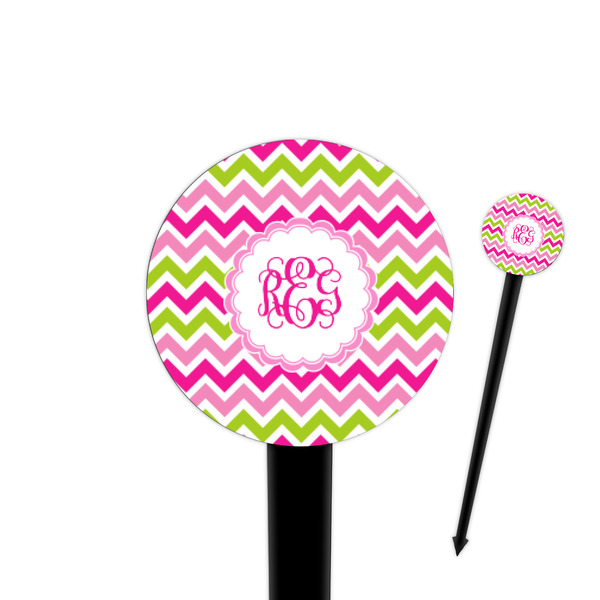 Custom Pink & Green Chevron 4" Round Plastic Food Picks - Black - Double Sided (Personalized)