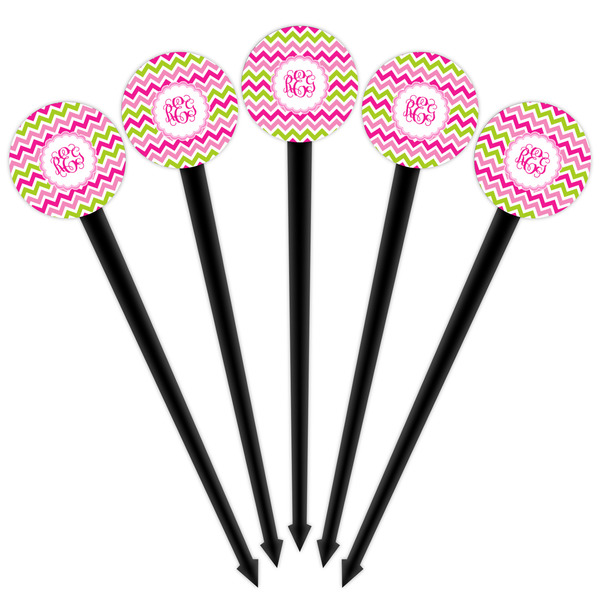 Pink & Green Chevron Black Plastic 4" Food Pick - Round - Fan View