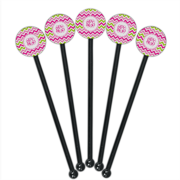 Pink & Green Chevron Black Plastic 5.5" Stir Stick - Round - Fan View
