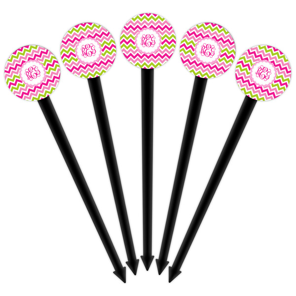 Pink & Green Chevron Black Plastic 6" Food Pick - Round - Fan View