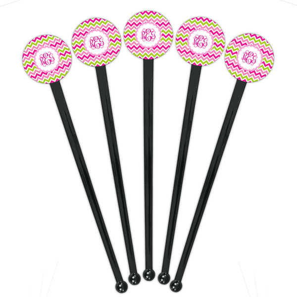 Pink & Green Chevron Black Plastic 7" Stir Stick - Round - Fan View