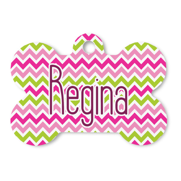 Custom Pink & Green Chevron Bone Shaped Dog ID Tag (Personalized)