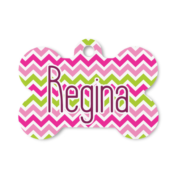 Custom Pink & Green Chevron Bone Shaped Dog ID Tag - Small (Personalized)