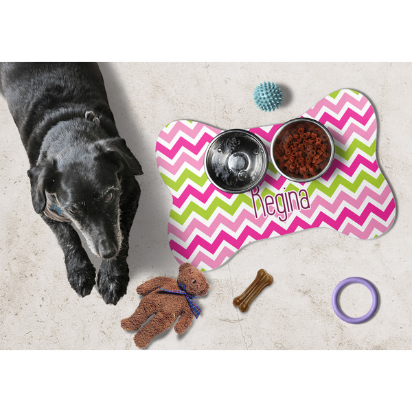 Pink & Green Chevron Bone Shaped Mat w/ Food & Water