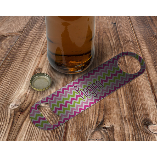 Pink & Green Chevron Bottle Opener - In Use