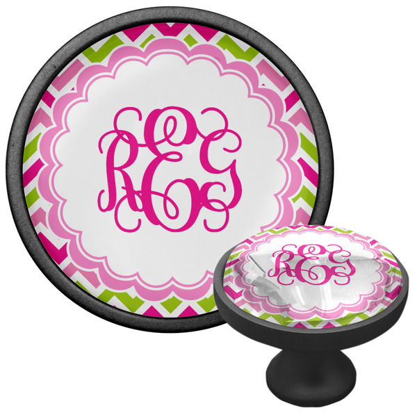 Pink & Green Chevron Cabinet Knob - Black - Multi Angle