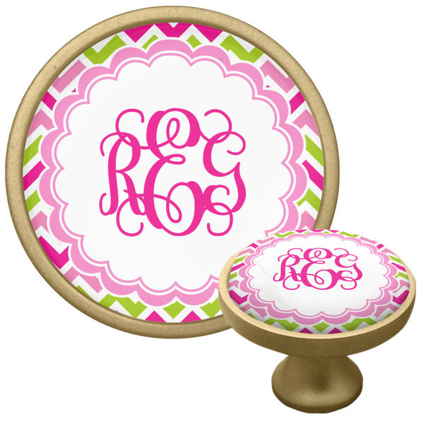 Custom Pink & Green Chevron Cabinet Knob - Gold (Personalized)