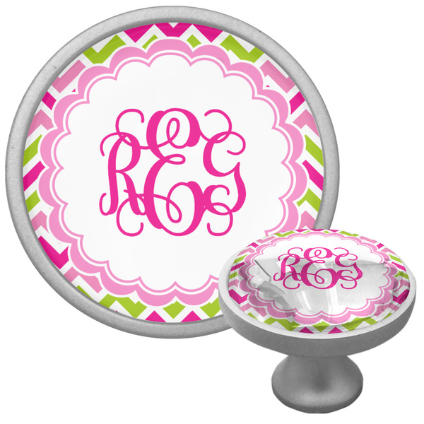 Custom Pink & Green Chevron Cabinet Knob (Silver) (Personalized)