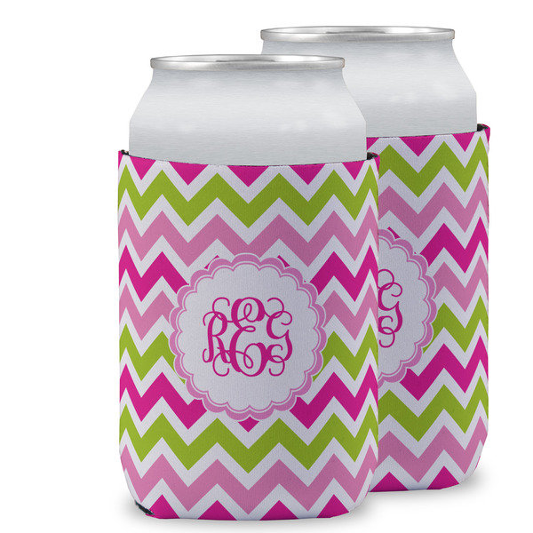 Custom Pink & Green Chevron Can Cooler (12 oz) w/ Monogram