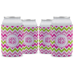Pink & Green Chevron Can Cooler (12 oz) - Set of 4 w/ Monogram