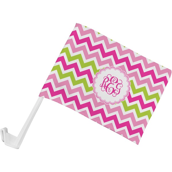 Custom Pink & Green Chevron Car Flag - Small w/ Monogram