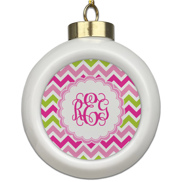 Custom Pink & Green Chevron Ceramic Ball Ornament (Personalized)