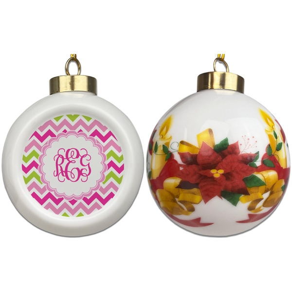 Pink & Green Chevron Ceramic Christmas Ornament - Poinsettias (APPROVAL)