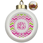 Pink & Green Chevron Ceramic Ball Ornaments - Poinsettia Garland (Personalized)