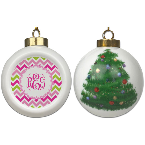 Pink & Green Chevron Ceramic Christmas Ornament - X-Mas Tree (APPROVAL)