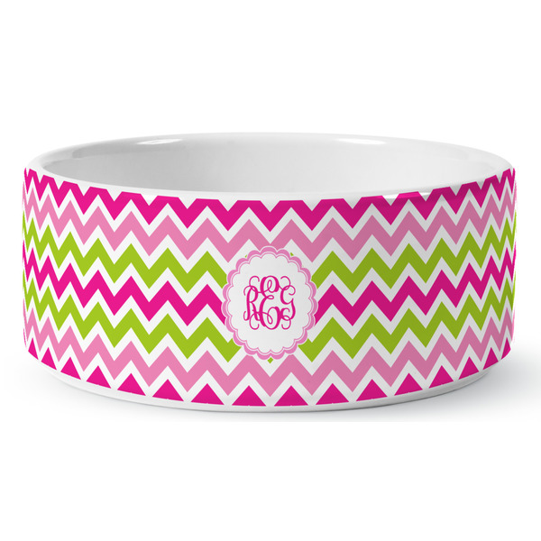 Pink & Green Chevron Ceramic Dog Bowl - Medium - Front