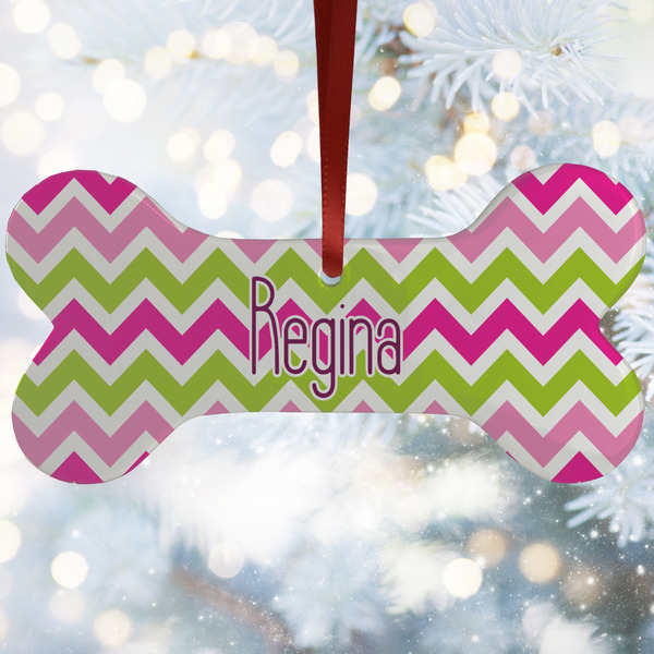 Custom Pink & Green Chevron Ceramic Dog Ornament w/ Monograms