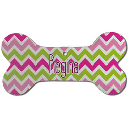 Pink & Green Chevron Ceramic Dog Ornament - Front w/ Monogram