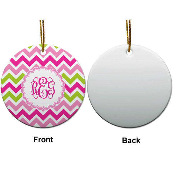 Pink & Green Chevron Ceramic Flat Ornament - Circle Front & Back (APPROVAL)