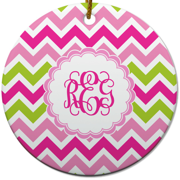 Pink & Green Chevron Ceramic Flat Ornament - Circle (Front)