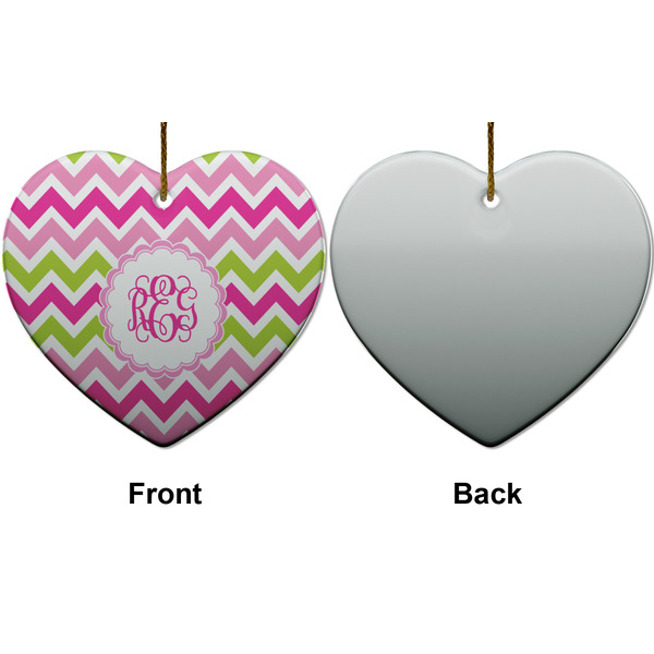 Pink & Green Chevron Ceramic Flat Ornament - Heart Front & Back (APPROVAL)