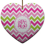 Pink & Green Chevron Heart Ceramic Ornament w/ Monogram