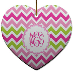 Pink & Green Chevron Heart Ceramic Ornament w/ Monogram