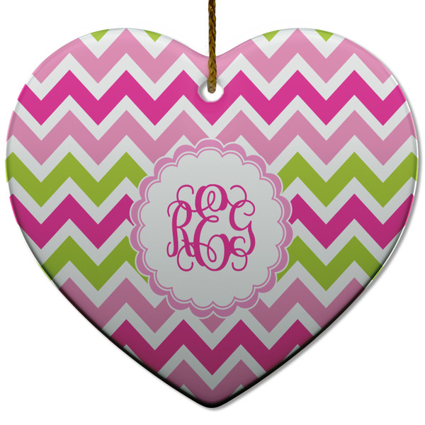 Custom Pink & Green Chevron Heart Ceramic Ornament w/ Monogram