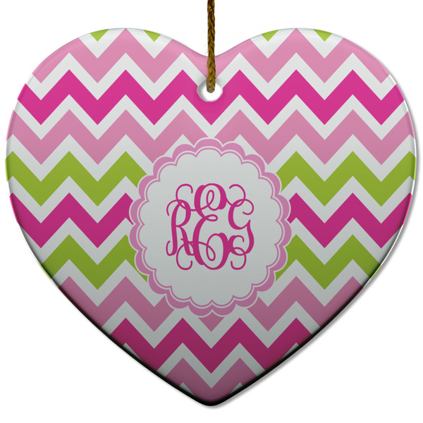 Pink & Green Chevron Ceramic Flat Ornament - Heart (Front)