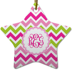 Pink & Green Chevron Star Ceramic Ornament w/ Monogram