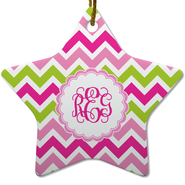 Pink & Green Chevron Ceramic Flat Ornament - Star (Front)