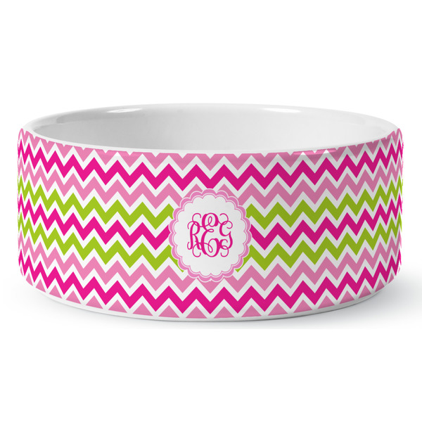 Custom Pink & Green Chevron Ceramic Dog Bowl - Medium (Personalized)