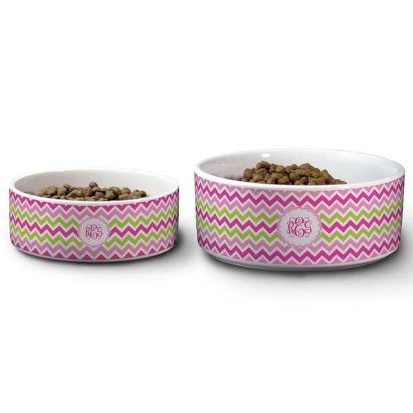 Pink & Green Chevron Ceramic Dog Bowls - Size Comparison