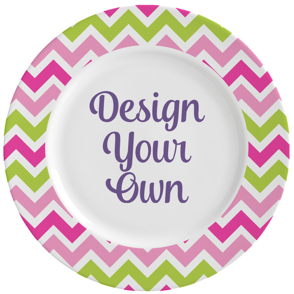 Custom Pink & Green Chevron Ceramic Dinner Plates (Set of 4) (Personalized)