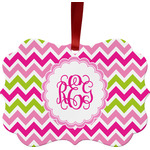 Pink & Green Chevron Metal Frame Ornament - Double Sided w/ Monogram