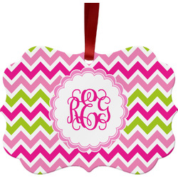 Pink & Green Chevron Metal Frame Ornament - Double Sided w/ Monogram