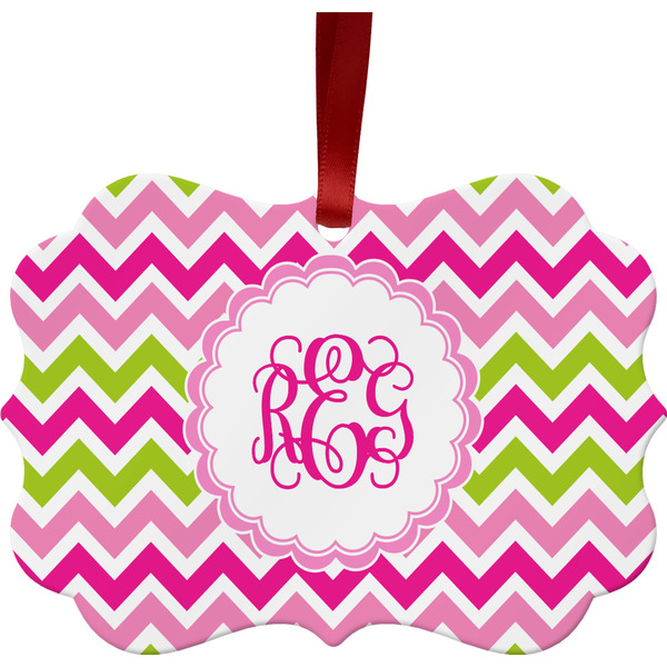 Custom Pink & Green Chevron Metal Frame Ornament - Double Sided w/ Monogram