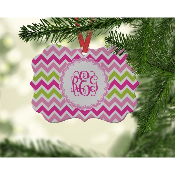 Pink & Green Chevron Christmas Ornament (On Tree)