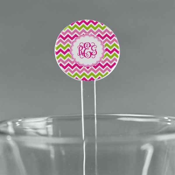 Custom Pink & Green Chevron 5.5" Round Plastic Stir Sticks - Clear (Personalized)