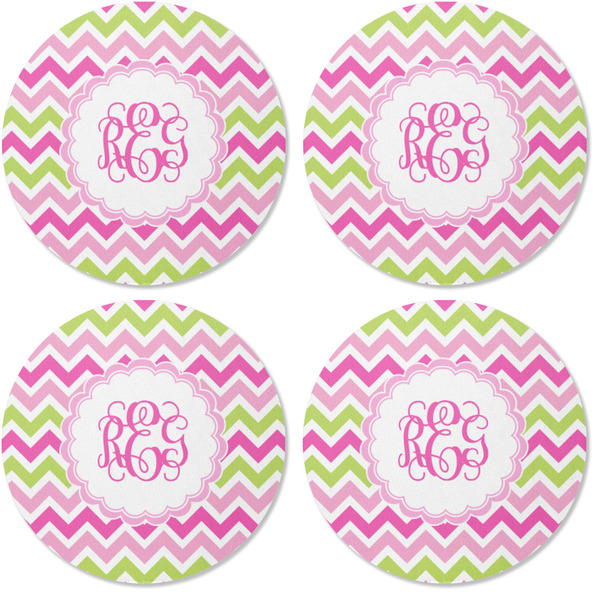Pink & Green Chevron Coaster Round Rubber Back - Apvl