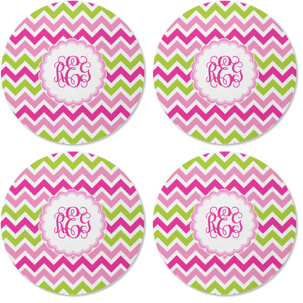 Pink & Green Chevron Coaster Round Rubber Back - Apvl