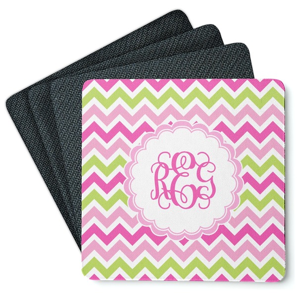 Custom Pink & Green Chevron Square Rubber Backed Coasters - Set of 4 (Personalized)