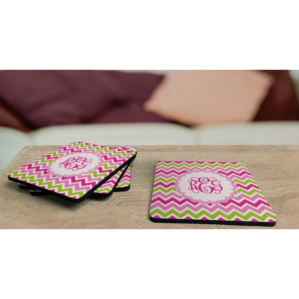 Pink & Green Chevron Coaster Rubber Back - On Coffee Table