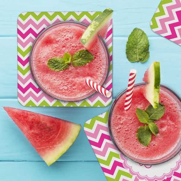 Pink & Green Chevron Coaster Set - LIFESTYLE